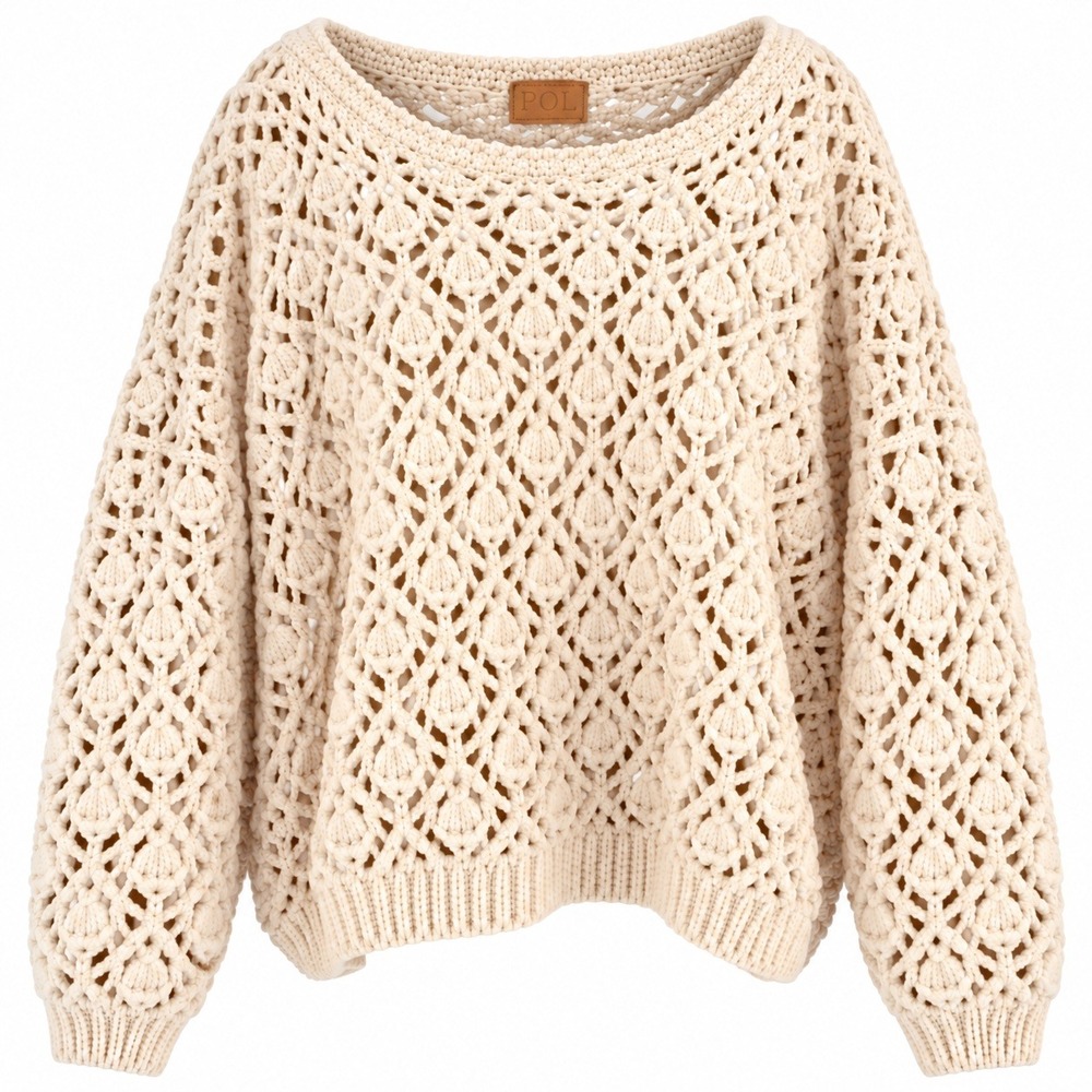 POL Cream Chenille Crochet Sweater Oversized Boxy Boho Open Knit Lagenlook L